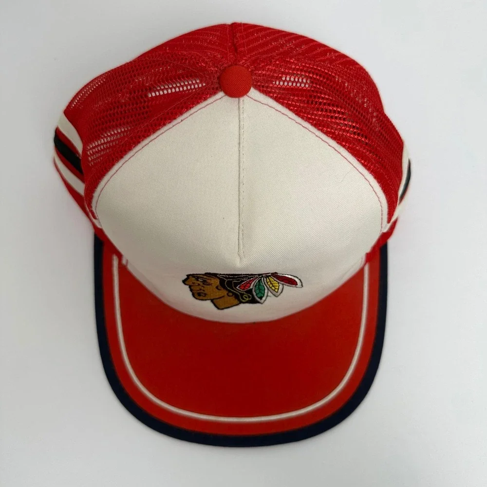 Vintage Chicago Blackhawks Tri Stripe Trucker Hat Ted Fletcher Red White NHL